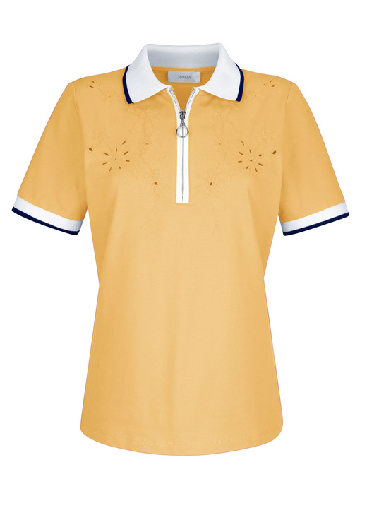 Damenmode - Poloshirt mit Cut-Outs in 2 Farben, in Größe 038 bis 052, in Farbe GELB Ansicht 1