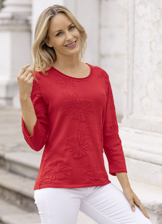 3/4-Arm - Pullover mit feiner Floralstruktur, in Größe 038 bis 054, in Farbe ROT Ansicht 1