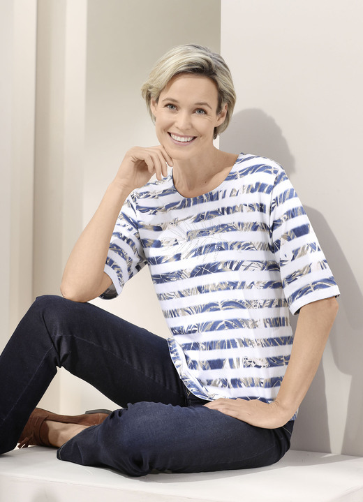 3/4-Arm - Shirt-Tunika mit Strassstein-Applikation 3/4-Arm - Shirt-Tunika mit Strassstein-Applikation, in Größe 036 bis 052, in Farbe ECRU-MARINE-TAUPE-BUNT