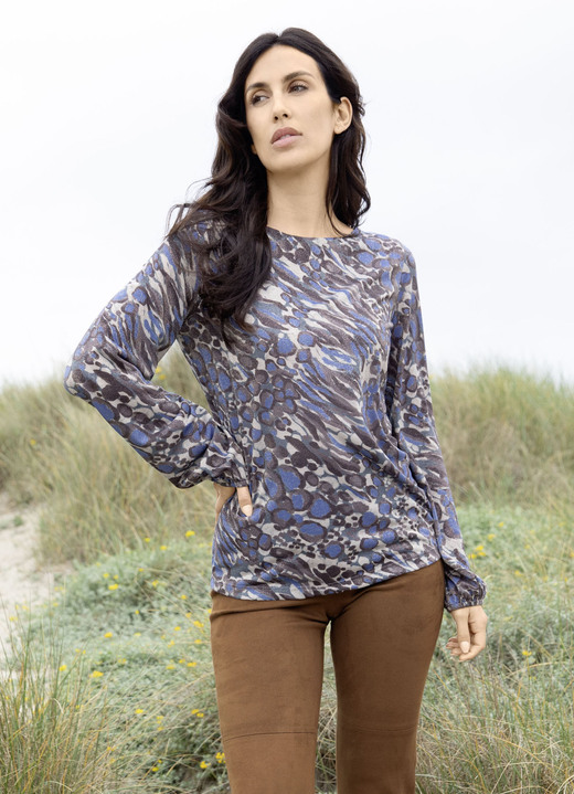 Langarm - Shirt-Tunika mit elastischen Ärmelabschlüssen Langarm - Shirt-Tunika mit elastischen Ärmelabschlüssen, in Größe 036 bis 052, in Farbe BLAU-BRAUN-TAUPE-BUNT