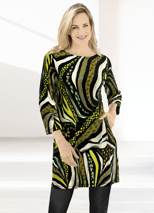 3/4-Arm - Longshirt mit modisch flachem Halsausschnitt 3/4-Arm - Longshirt mit modisch flachem Halsausschnitt , in Größe 040 bis 056, in Farbe SCHWARZ-KHAKI-LIMONE