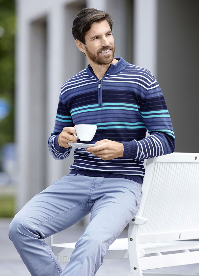 Gestreifter Troyer mit kurzem Rei&szlig;verschluss MARINE-T&Uuml;RKIS