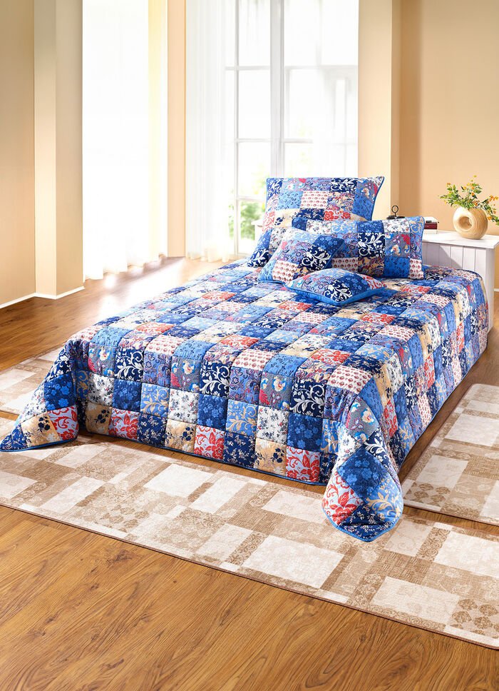 Tagesdecken und Kissenbezüge in Patchwork-Optik aus Baumwolle BLAU