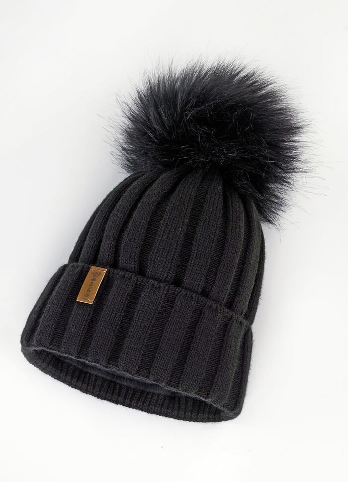 Grobstrick-Mütze mit breitem Umschlag und Kunstfell-Bommel SCHWARZ