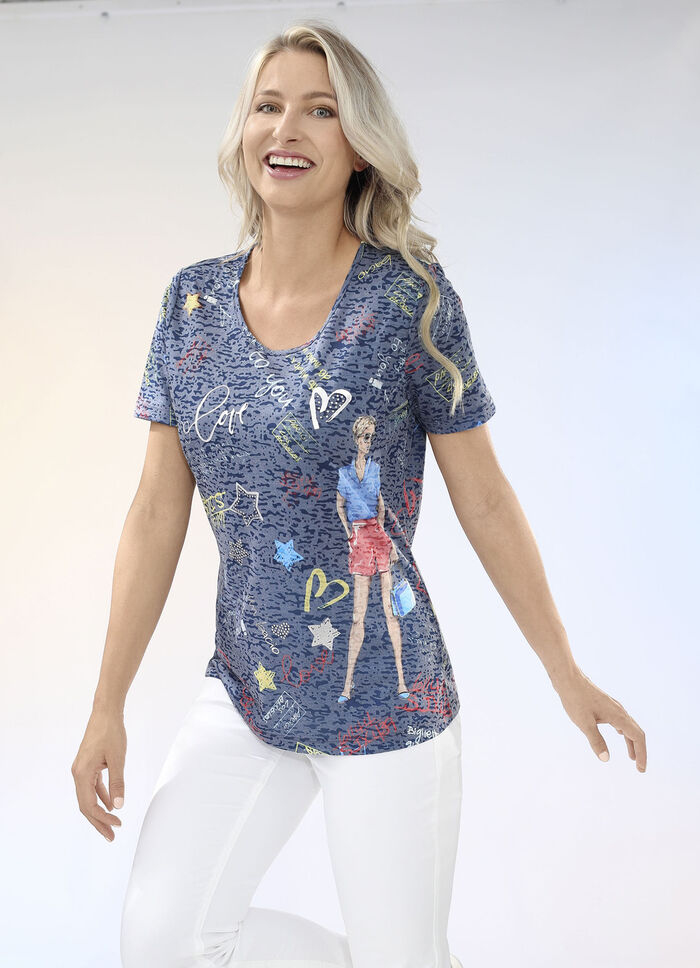 Pfiffiges Shirt in 2 Farben BLAU-BUNT