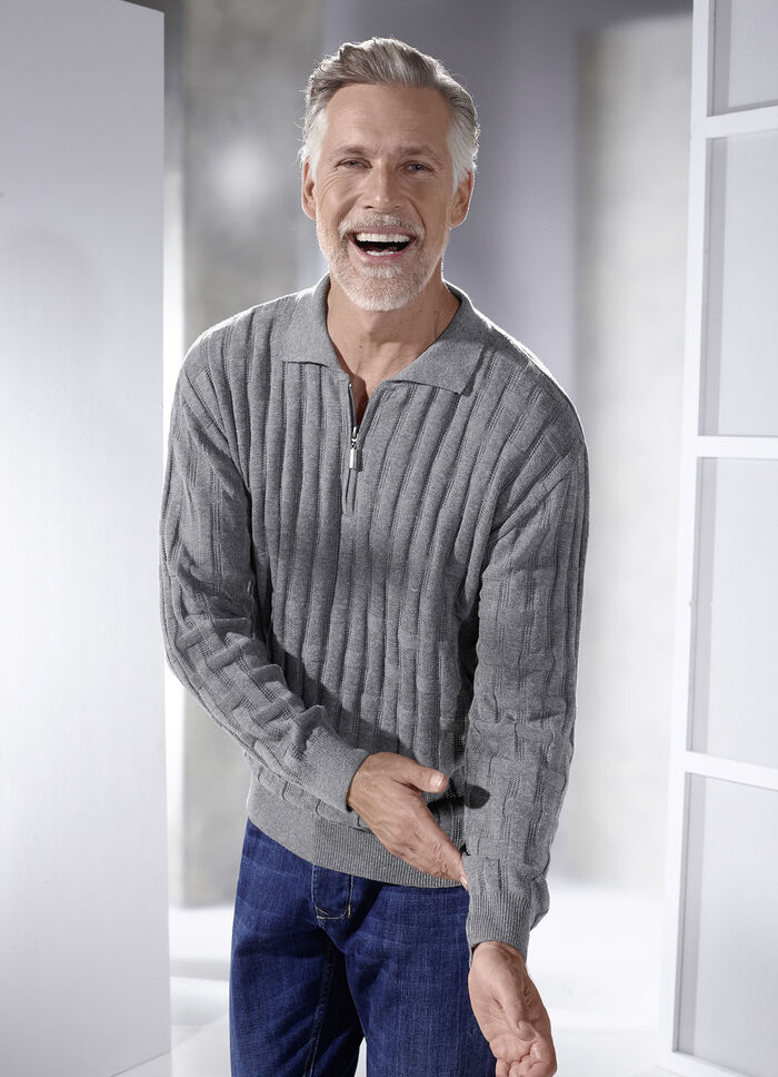 Polopullover mit kurzem Reißverschluss in 3 Farben GRAU MELIERT