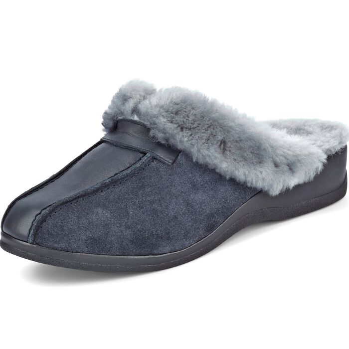 Pantoffel in 3 Farben mit echtem Lammfellfutter MARINE-HELLGRAU
