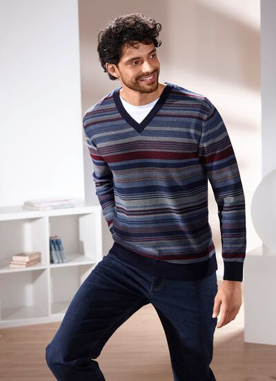 Gestreifter V-Pullover in 2 Farben 