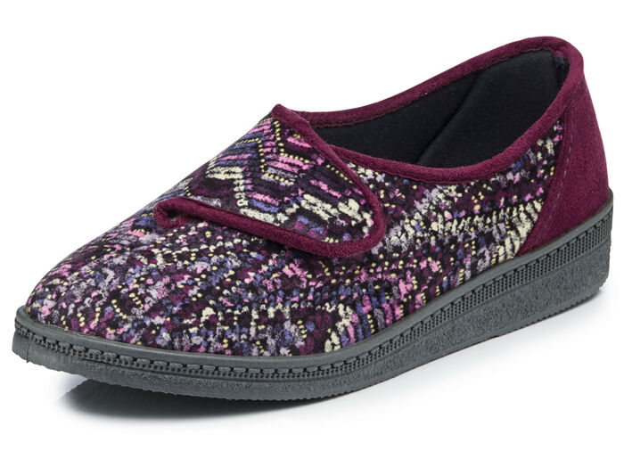 Klassische Damen-Hausschuhe, Weite H, mit Klettverschluss BORDEAUX-MULTICOLOR
