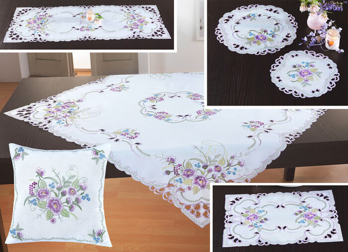 Tischdecke oder Kissenbezug mit Blüten-Stickerei WEISS-BUNT