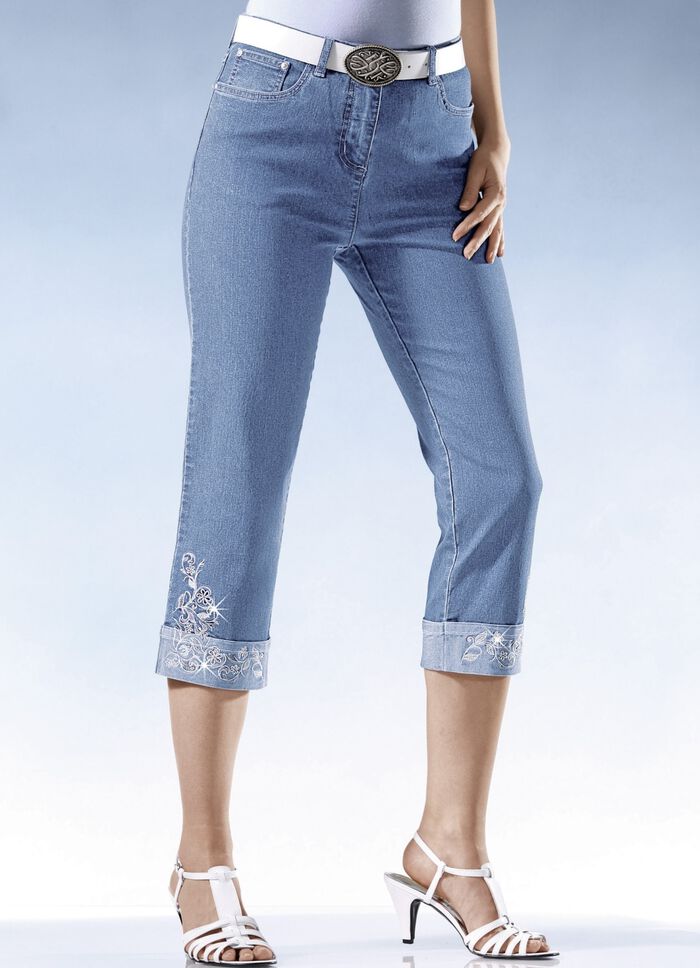7/8-Jeans mit floraler Stickerei HELLBLAU