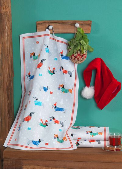 Geschirrt&uuml;cher mit Weihnachtsdackel-Motiv, 3er-Set 