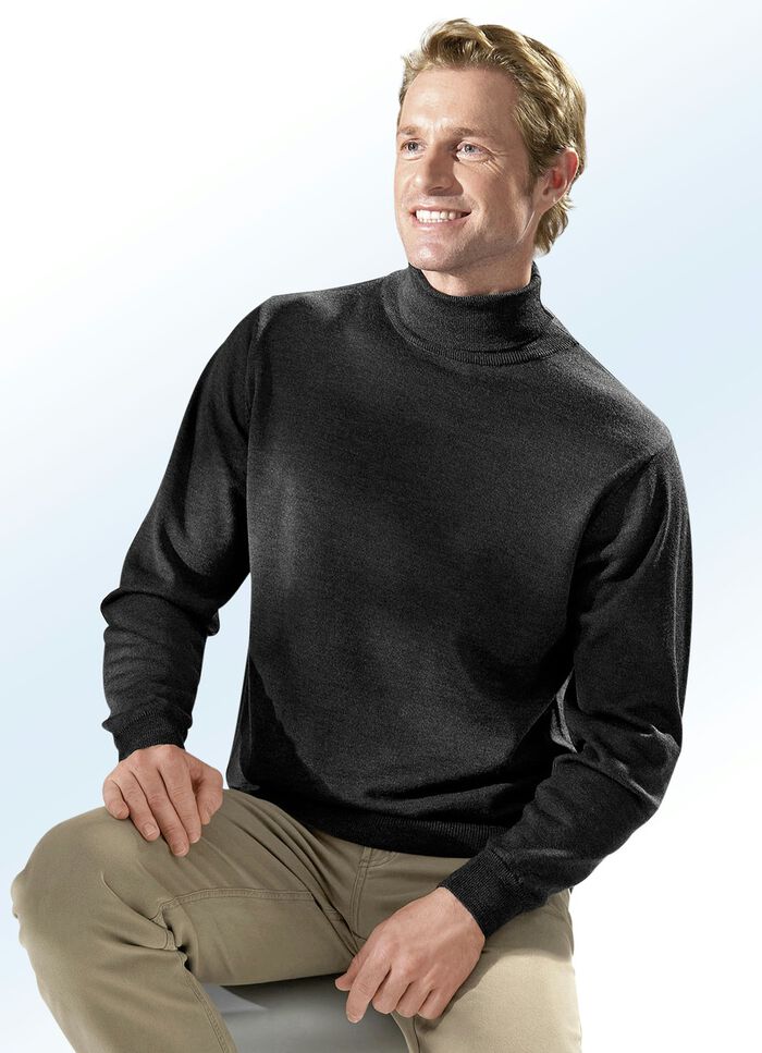 Rollkragenpullover in 3 Farben mit Rippenstrick-Abschlüssen SCHWARZ