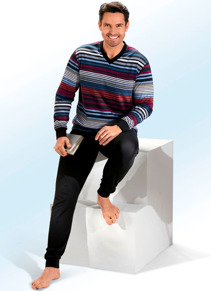 Schlafanzug mit V-Ausschnitt, Brusttasche und Ringeldessin 