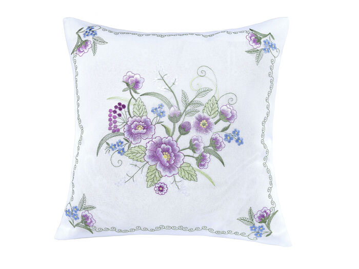 Tischdecke oder Kissenbezug mit Blüten-Stickerei WEISS-BUNT