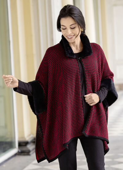 Poncho mit Kunstpelzbesätzen 