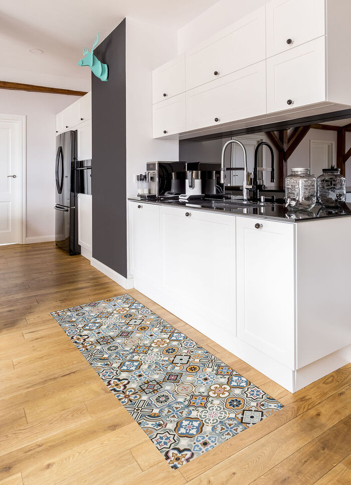 Strapazierfähiger Küchenläufer und -teppich im Fliesen-Design BLAU-GRAU