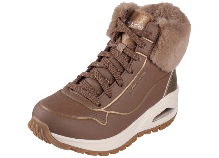 SKECHERS, gef&uuml;tterte Damen-Boots, Winterschuhe, mit flauschigem Pl&uuml;schkragen BRAUN