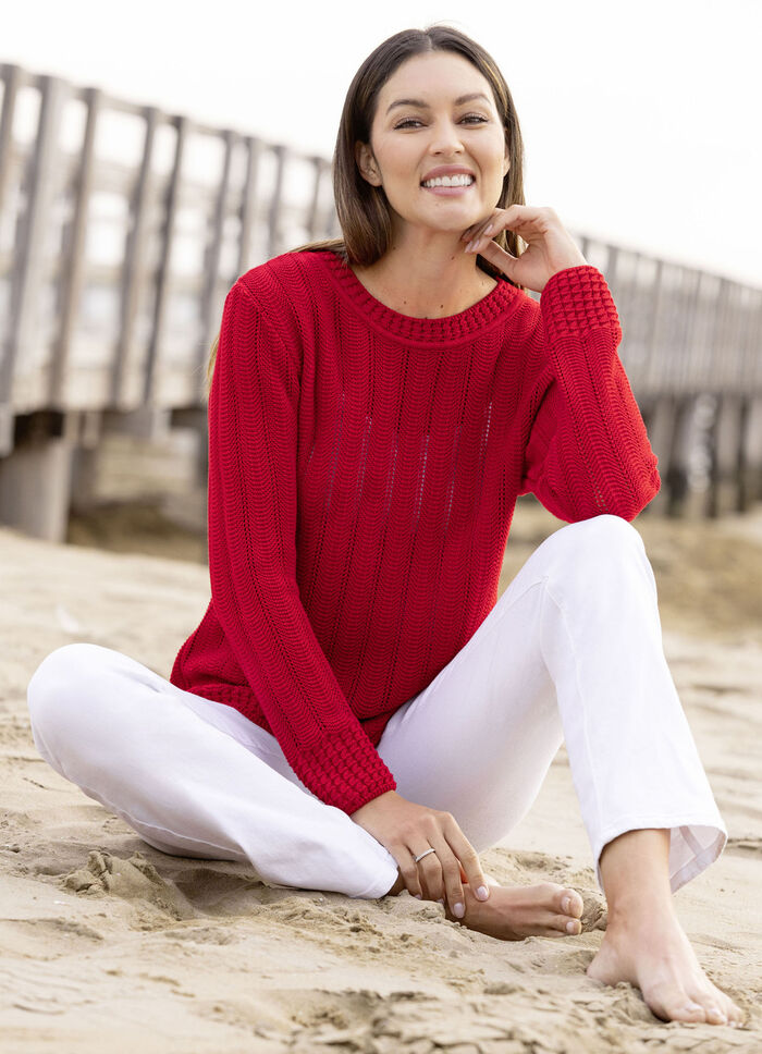 Pullover mit Ajourstreifen KIRSCHROT