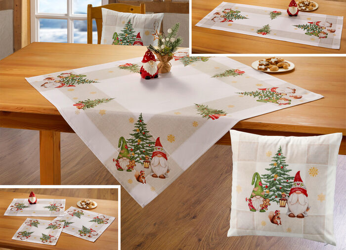 Tischdecke mit weihnachtlichem Wichtel-Dessin NATUR-BUNT