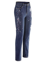 Jeans mit handbemalten, floralen Motiven 