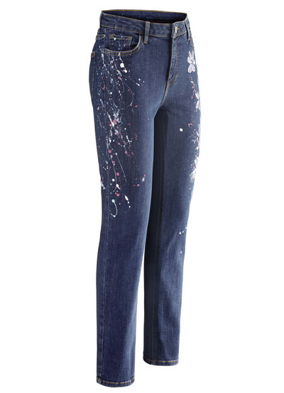 Jeans mit handbemalten, floralen Motiven 