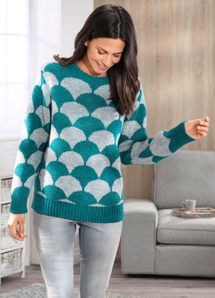 Pullover in flauschigem Jacquard-Dessin GRAU MELIERT-PETROL
