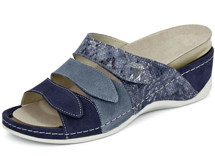 Mubb, bequeme Damen-Pantoletten, Weite H, mit herausnehmbarem Fußbett BLAU