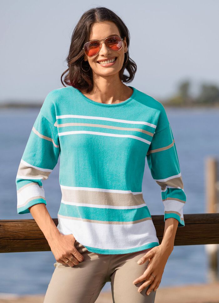 Pullover in Ringelmuster TÜRKIS-WEISS-BEIGE