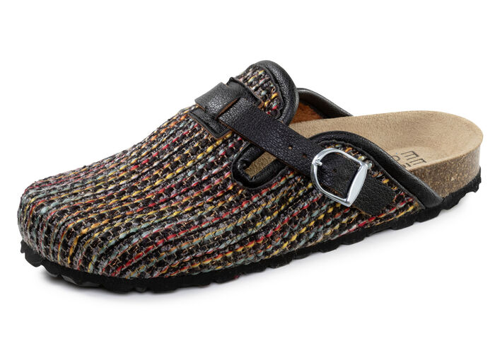 ELENA EDEN, klassische Damen-Clogs, Weite H, mit verstellbarer Spange SCHWARZ-MULTICOLOR