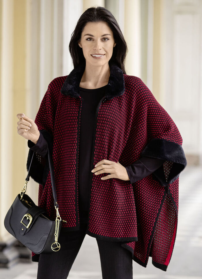 Poncho mit Kunstpelzbesätzen 