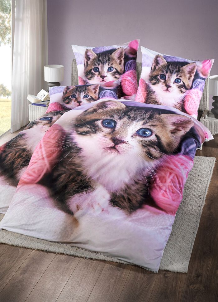 Digital bedruckte Bettw&auml;sche-Garnitur mit Katzen-Motiv 