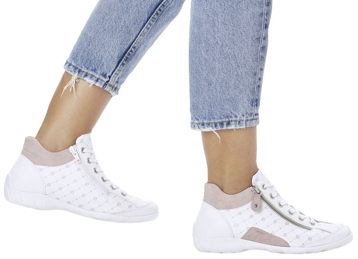 Remonte Schnür-Bootie aus bedrucktem und metallisch schimmerndem Synthetikmaterial WEISS-PUDERROSÉ