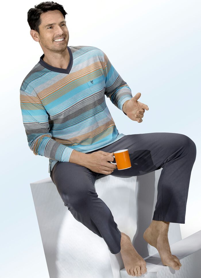 Hajo Klima Komfort Schlafanzug mit garngefärbtem Ringeldessin, V-Ausschnitt, Brusttasche 