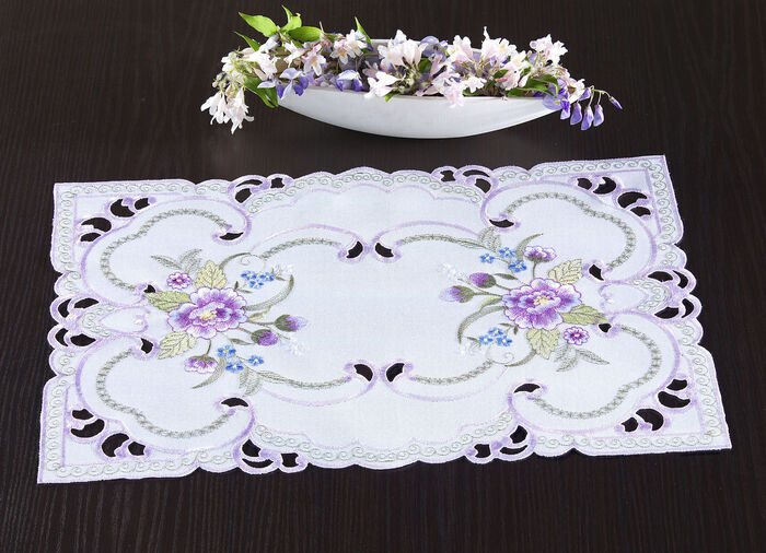 Tischdecke oder Kissenbezug mit Blüten-Stickerei WEISS-BUNT