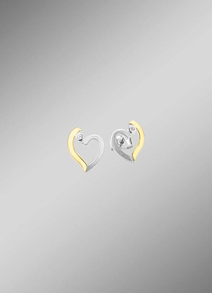 Herz-Ohrstecker in Bicolor mit synth. Zirkonia 