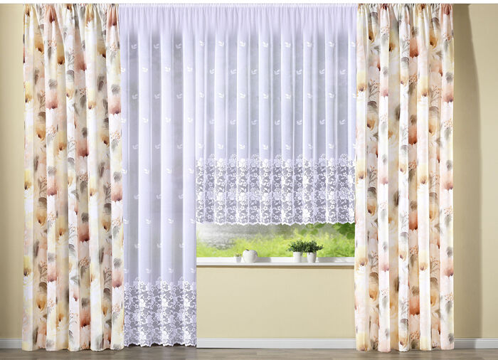 Filigraner Blumenfenster-Store mit Automatikfaltenband 1:3 