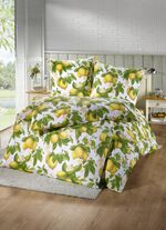 Beidseitig bedruckte Bettw&auml;sche-Garnitur mit Zitronen-Dessin GELB
