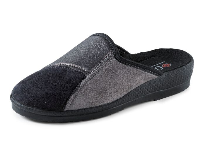 Klassische Damen-Hausschuhe, Weite H, im Textil-Materialmix SCHWARZ-GRAU