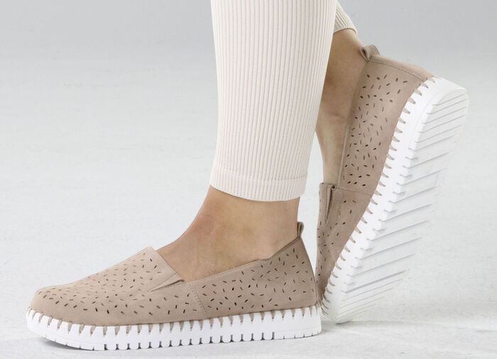 ELENA EDEN, sommerliche Damen-Slipper, Weite H, mit herausnehmbarem Fußbett TAUPE