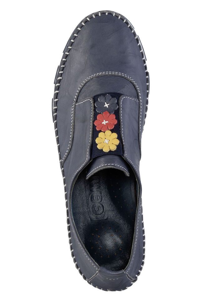 Gemini Slipper mit dezenter Knitter-Struktur und bunten Leder-Blüten MARINE