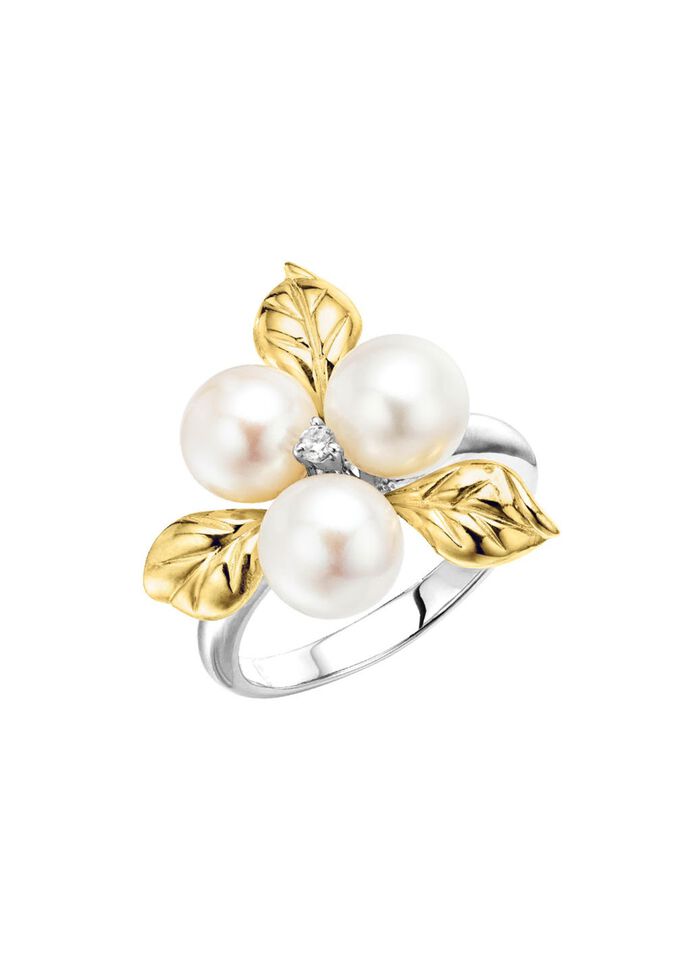 Bl&uuml;hende Eleganz: Damenring mit Muschelkernperlen und synth. Zirkonia 