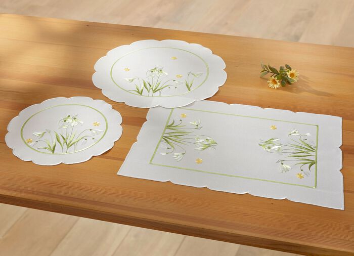 Bestickte Tisch- und Raumdekoration mit Schneeglöckchen-Dessin SEKT-BUNT