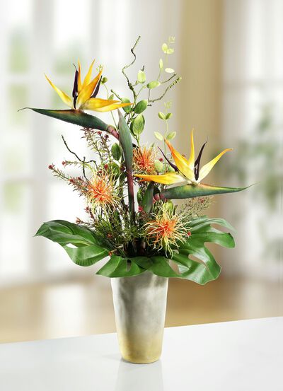 Strelitzien-Gesteck in Vase 