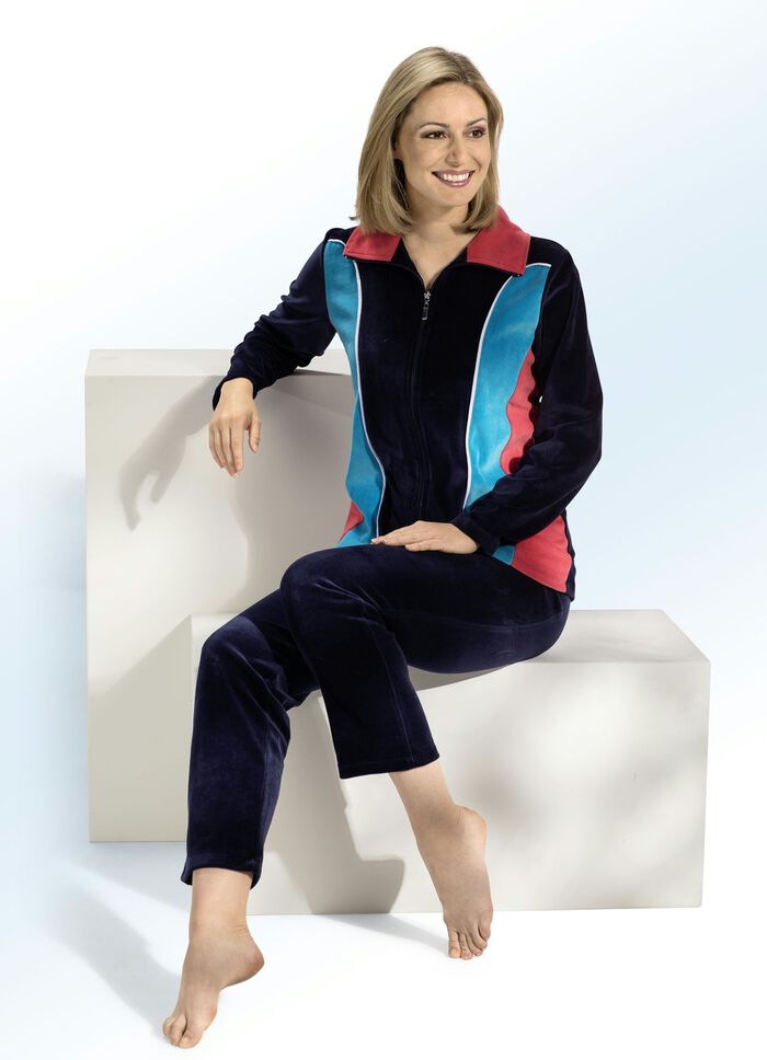 Hausanzug mit kontrastfarbenen Eins&auml;tzen 