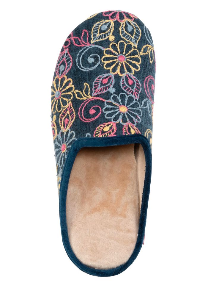 Laurina Pantoffel aus Textilmaterial mit bunter Blumenstickerei BLAU