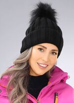 Grobstrick-Mütze mit breitem Umschlag und Kunstfell-Bommel SCHWARZ