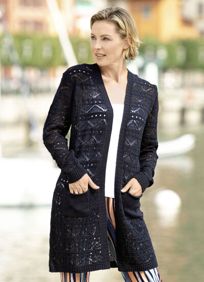 Long-Strickjacke mit Ajourdessin 