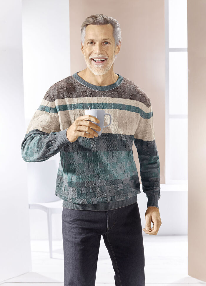 Rundhalspullover mit Strukturmix in 2 Farben PETROL-BEIGE-BRAUN