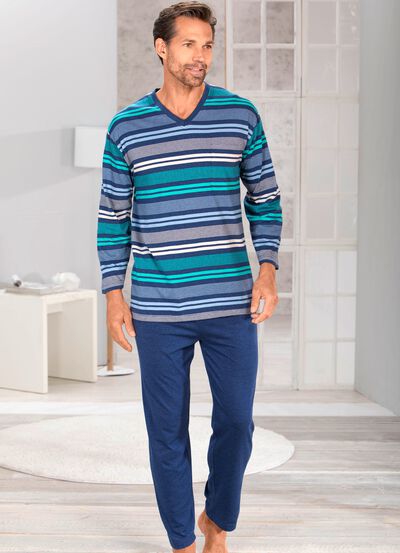 Schlafanzug mit V-Ausschnitt und garngef&auml;rbtem Ringel 